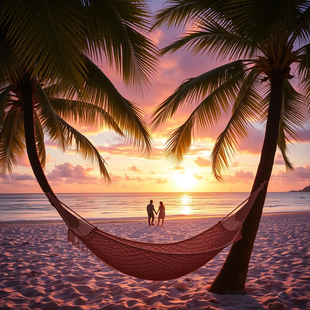 A beautiful beach scene at sunset, with the sky painted in vibrant shades of orange, pink, and purple