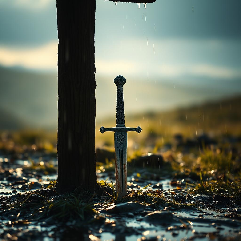 A sword embedded in the ground, partially obscured by the shadow of a wooden cross