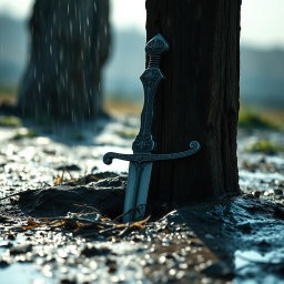 A sword embedded in the ground, partially obscured by the shadow of a wooden cross