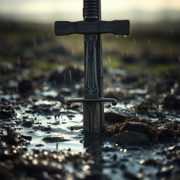A sword embedded in the ground, partially obscured by the shadow of a wooden cross