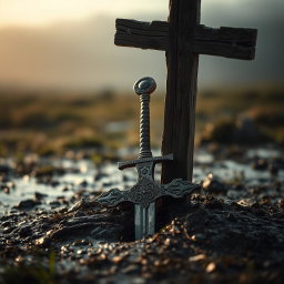 A sword embedded in the ground, partially obscured by the shadow of a wooden cross