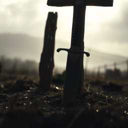 A sword stabbed into the ground, partially obscured by the shadow of a wooden cross