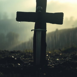 A sword stabbed into the ground, partially obscured by the shadow of a wooden cross
