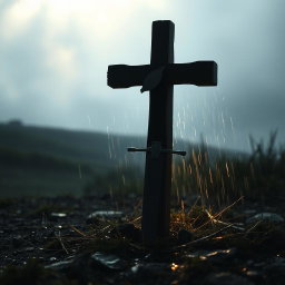 A sword stabbed into the ground, partially obscured by the shadow of a wooden cross