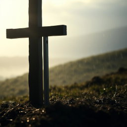 A sword stabbed into the ground, partially obscured by the shadow of a wooden cross