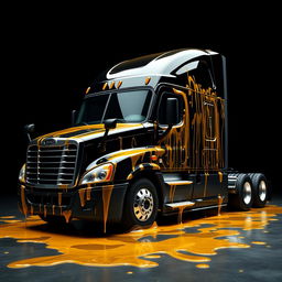 A shiny black Freightliner Cascadia truck standing proudly against a deep black background, completely covered in golden honey which glistens in the light