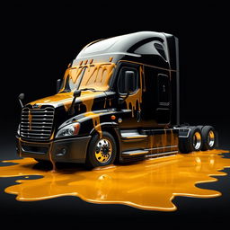 A shiny black Freightliner Cascadia truck standing proudly against a deep black background, completely covered in golden honey which glistens in the light