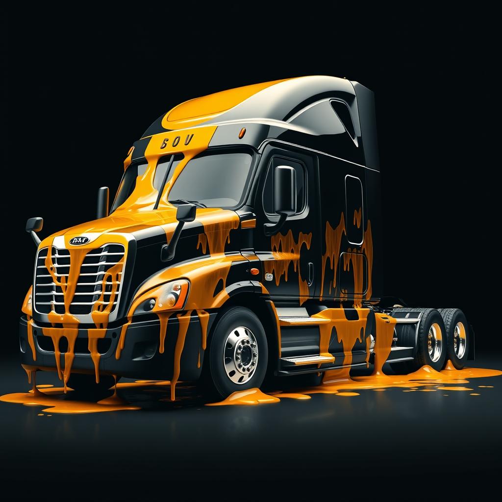 A shiny black Freightliner Cascadia truck standing proudly against a deep black background, completely covered in golden honey which glistens in the light