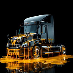 A shiny black Freightliner Cascadia truck standing proudly against a deep black background, completely covered in golden honey which glistens in the light