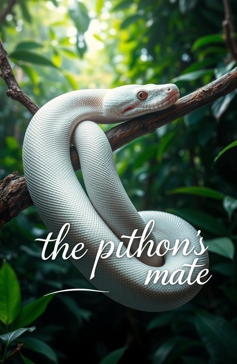 A stunning image of a white python elegantly coiled around a branch, showcasing its shimmering scales and striking appearance