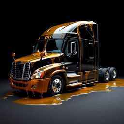 A shiny black Freightliner Cascadia truck set against a deep black background, entirely covered in realistic, transparent, and shiny honey that glistens like liquid gold