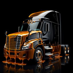A shiny black Freightliner Cascadia truck set against a deep black background, entirely covered in realistic, transparent, and shiny honey that glistens like liquid gold
