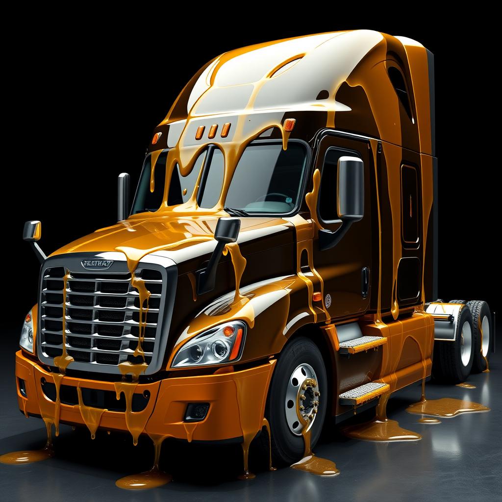 A shiny black Freightliner Cascadia truck set against a deep black background, entirely covered in realistic, transparent, and shiny honey that glistens like liquid gold
