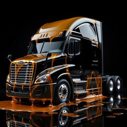 A shiny black Freightliner Cascadia truck set against a deep black background, entirely covered in realistic, transparent, and shiny honey that glistens like liquid gold