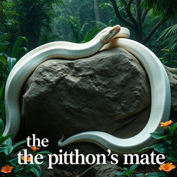An impressive image of a giant white python majestically draped over a large rock, showcasing its long, smooth body and distinct patterning