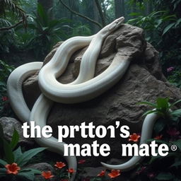 An impressive image of a giant white python majestically draped over a large rock, showcasing its long, smooth body and distinct patterning