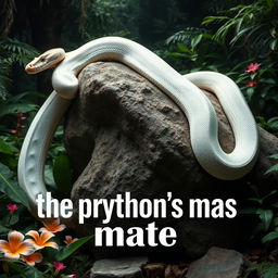 An impressive image of a giant white python majestically draped over a large rock, showcasing its long, smooth body and distinct patterning
