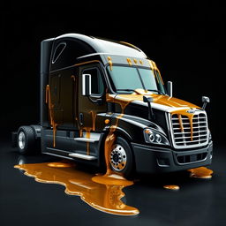 A shiny black Freightliner Cascadia truck placed against a rich black background, artistically covered in realistic, transparent, and glossy honey that appears to glimmer with light