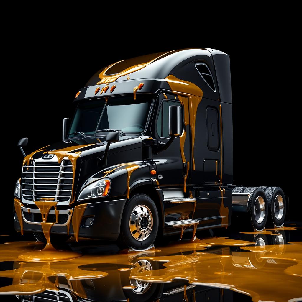 A shiny black Freightliner Cascadia truck placed against a rich black background, artistically covered in realistic, transparent, and glossy honey that appears to glimmer with light