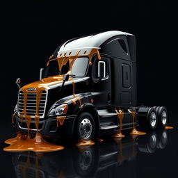 A shiny black Freightliner Cascadia truck placed against a rich black background, artistically covered in realistic, transparent, and glossy honey that appears to glimmer with light