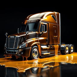 A shiny black Freightliner Cascadia truck placed against a rich black background, artistically covered in realistic, transparent, and glossy honey that appears to glimmer with light