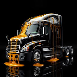 A shiny black Freightliner Cascadia truck set against a sleek black background, lavishly covered in realistic, transparent, and glossy honey that sparkles with reflections