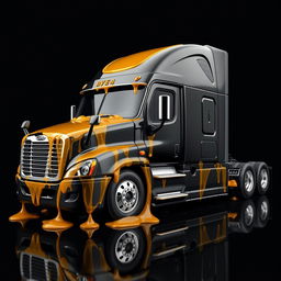 A shiny black Freightliner Cascadia truck set against a sleek black background, lavishly covered in realistic, transparent, and glossy honey that sparkles with reflections