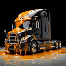 A shiny black Freightliner Cascadia truck set against a sleek black background, lavishly covered in realistic, transparent, and glossy honey that sparkles with reflections