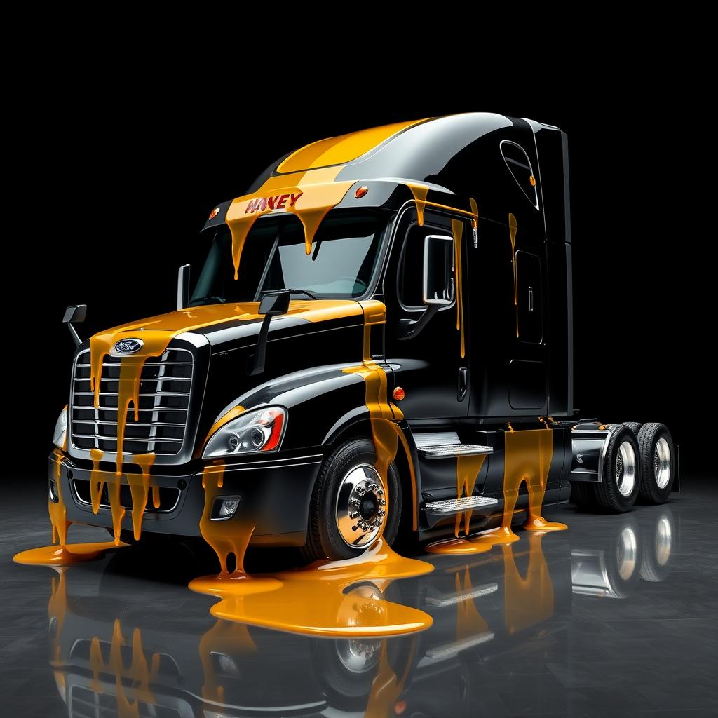 A shiny black Freightliner Cascadia truck set against a sleek black background, lavishly covered in realistic, transparent, and glossy honey that sparkles with reflections