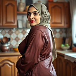 A 48-year-old Kashmiri Muslim woman with a beautiful face, wearing a hijab and an elegant silk abaya