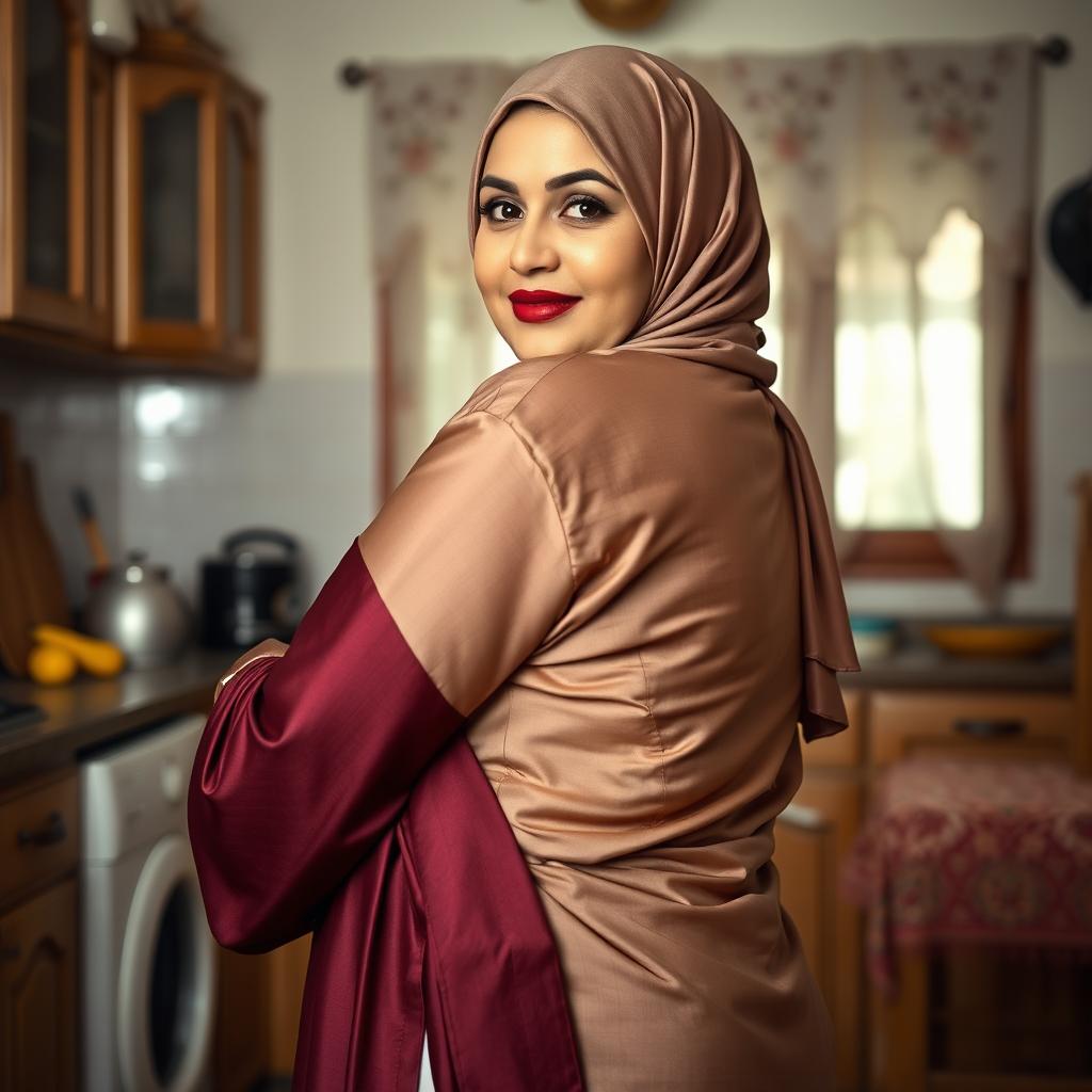 A 48-year-old Kashmiri Muslim woman with a beautiful face, wearing a hijab and an elegant silk abaya