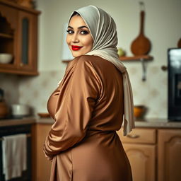 A 48-year-old Kashmiri Muslim woman with a beautiful face, wearing a hijab and an elegant silk abaya