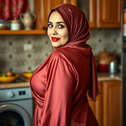 A 48-year-old Kashmiri Muslim woman with a beautiful face, wearing a hijab and an elegant silk abaya