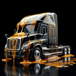 A shiny black Freightliner Cascadia truck displayed in front of a rich black background, lavishly coated in realistic, transparent, and glossy honey that reflects light in a stunning manner
