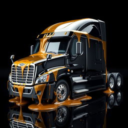 A shiny black Freightliner Cascadia truck displayed in front of a rich black background, lavishly coated in realistic, transparent, and glossy honey that reflects light in a stunning manner