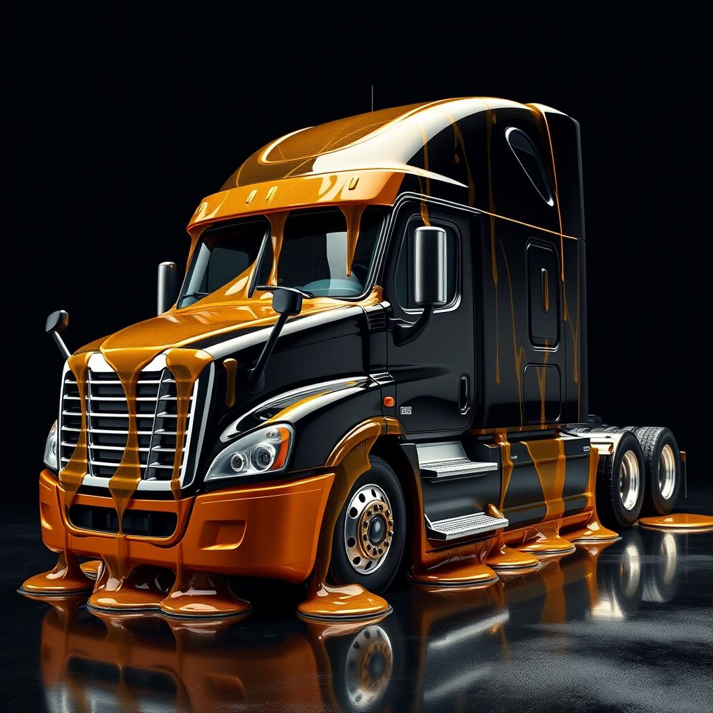 A shiny black Freightliner Cascadia truck displayed in front of a rich black background, lavishly coated in realistic, transparent, and glossy honey that reflects light in a stunning manner