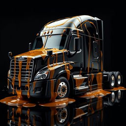 A shiny black Freightliner Cascadia truck displayed in front of a rich black background, lavishly coated in realistic, transparent, and glossy honey that reflects light in a stunning manner