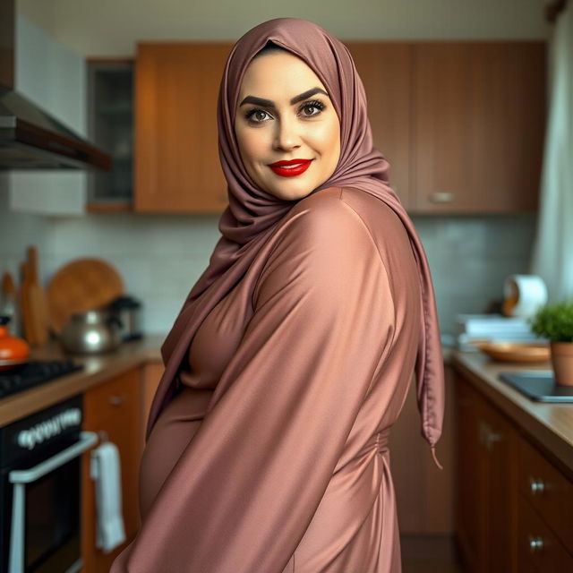 A 48-year-old Greek Muslim woman with a beautiful face, captured in a full-length photo