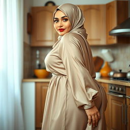 A 48-year-old Greek Muslim woman with a beautiful face, captured in a full-length photo