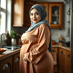A 48-year-old Greek Muslim woman with a beautiful face, captured in a full-length photo