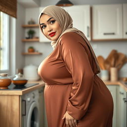 A 48-year-old Greek Muslim woman with a beautiful face, captured in a full-length photo