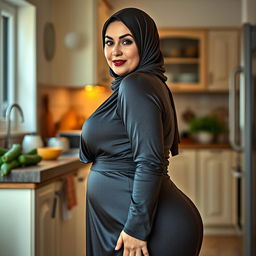 A 48-year-old Greek Muslim woman with a beautiful face, captured in a full-length photo