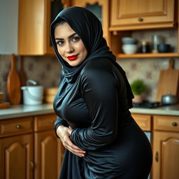 A 48-year-old Greek Muslim woman with a beautiful face, captured in a full-length photo