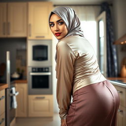 A 48-year-old Greek Muslim woman with a beautiful face, captured in a full-length photo