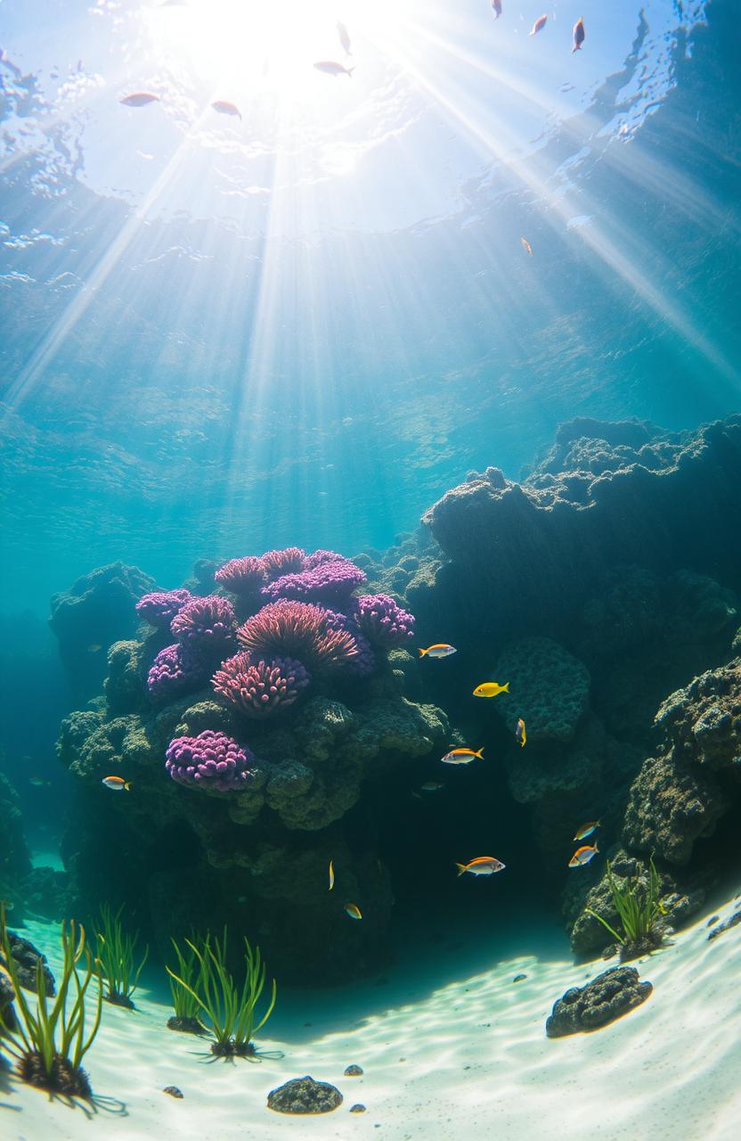 An enchanting underwater scene capturing the tranquility of a lake's depths, showcasing vibrant coral reefs, schools of colorful fish darting between the corals, and soft beams of sunlight filtering down from the surface, illuminating the crystal-clear water