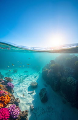 An enchanting underwater scene capturing the tranquility of a lake's depths, showcasing vibrant coral reefs, schools of colorful fish darting between the corals, and soft beams of sunlight filtering down from the surface, illuminating the crystal-clear water