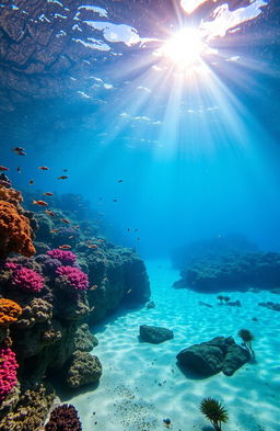 An enchanting underwater scene capturing the tranquility of a lake's depths, showcasing vibrant coral reefs, schools of colorful fish darting between the corals, and soft beams of sunlight filtering down from the surface, illuminating the crystal-clear water