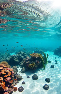 An enchanting underwater scene capturing the tranquility of a lake's depths, showcasing vibrant coral reefs, schools of colorful fish darting between the corals, and soft beams of sunlight filtering down from the surface, illuminating the crystal-clear water