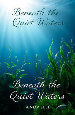 A serene book cover for a novel titled 'Beneath the Quiet Waters'