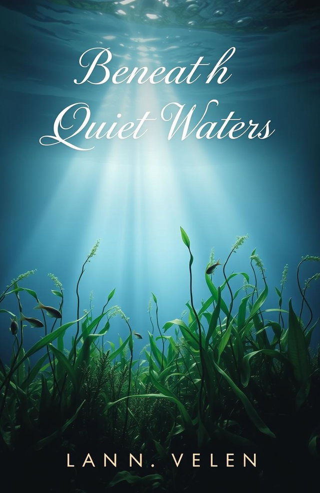 A serene book cover for a novel titled 'Beneath the Quiet Waters'